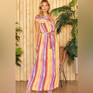 One-Shoulder Rainbow Stripe Maxi Dress in Yellow Pink Blue